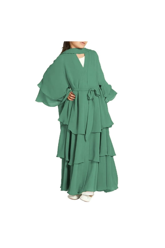Kids Abayas Dress for Girls Dress with Hijab Chiffon Layered Islam Kaftan Robe Open Front Cardigan Prayer Dress for Kids 5-14Years(Mint Green,11-12 Years)