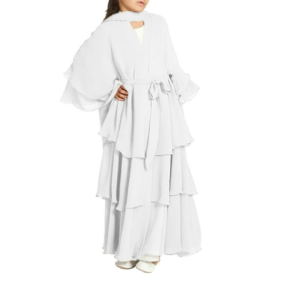 Otqutp Kids Abayas Dress for Girls Dress with Hijab Chiffon Layered Islam Kaftan Robe Open Front Cardigan Prayer Dress for Kids 5-14Years(White,11-12 Years)