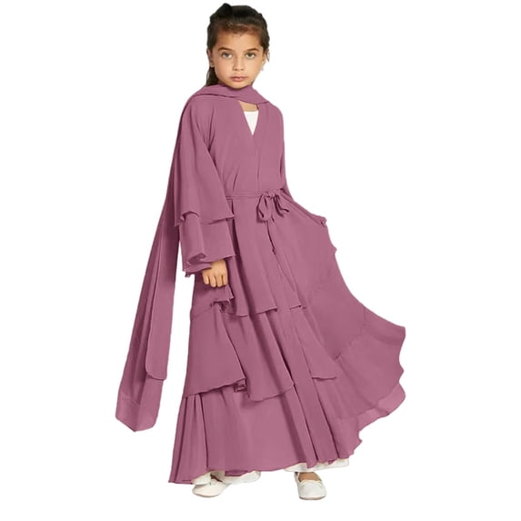Otqutp Kids Abayas Dress for Girls Chiffon Layered Muslim Dresses Pleated Elegant Long Skirt Kaftan Prayer 𝗜slamic Maxi Dress
