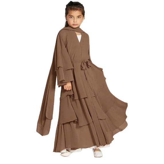 Otqutp Kids Abayas Dress for Girls Chiffon Layered Muslim Dresses Pleated Elegant Long Skirt Kaftan Prayer 𝗜slamic Maxi Dress