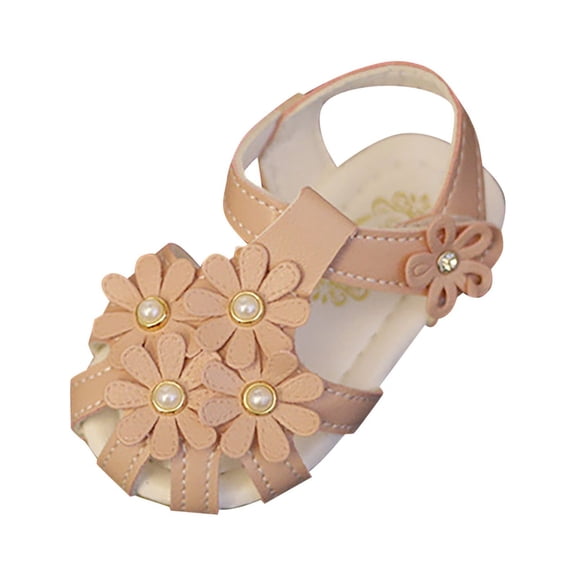 Otqutp Kids Ankle Support Shoes Girl Closed Toe Breathable Hollow Stripes 3D Flowers Decorated Pu Leather Princess Sandals