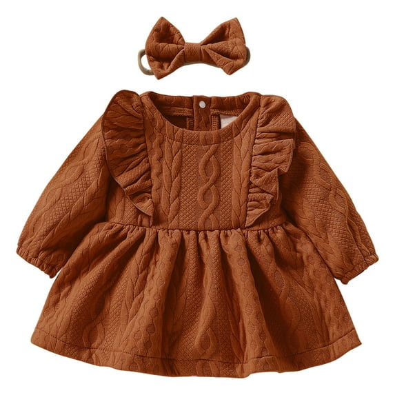 Otqutp Kids Autumn Sundress Toddler Baby Girls Casual Long Sleeve Round Neck Solid Color Dress Party Princess Dress Clothes for 0-24 Months(Brown,6-9 Months)