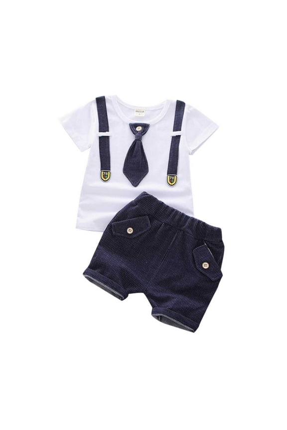 Kids Birthday Clothes Set Handsome Toddler Baby Boys Patchwork Short Sleeve Tops Striped Shorts Outfit Set 2PCS Clothes