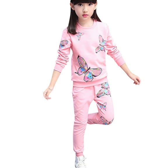 Otqutp Kids Bodysuits for Beach Baby Girls Fall Winter Clothes Butterfly Print Sweatshirt Tops Shirt Pocket Pants Trousers 2Pcs Outfits for 2 to 9 Years