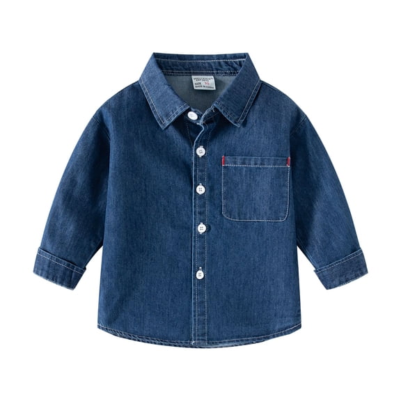 Otqutp Kids Boys Casual Solid Color Square Collar Long Sleeve Denim Shirt Button Down Dress Shirts Summer Spring Casual School Shirt Clothes(c-Dark Blue,4-5 Years)