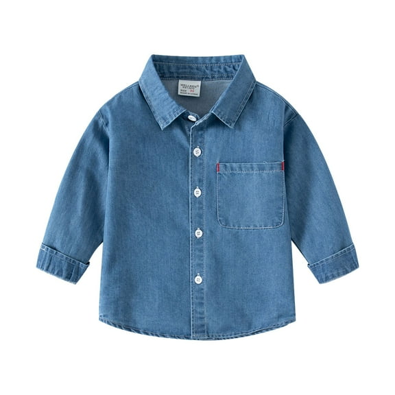 Otqutp Kids Boys Casual Solid Color Square Collar Long Sleeve Denim Shirt Button Down Dress Shirts Summer Spring Casual School Shirt Clothes(c-Light Blue,5-6 Years)