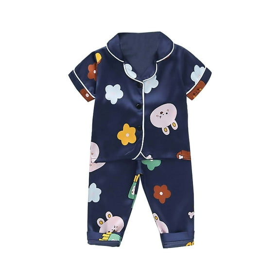 Otqutp Kids Boys and Girls Striped Pajamas Set Children's Wear Four Seasons Indoor Long Sleeved Shirts Trousers Two Piece Home Wear(Navy-2,18-24 Months)