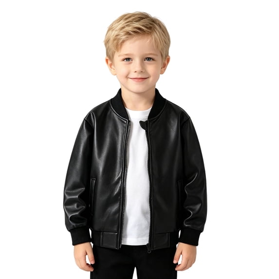 Otqutp Kids Boys Leather Jacket Baseball Collar Zip Up Motorcycle Jacket Toddler Lightweight Casual Street Coat with Pockets