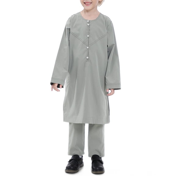 Otqutp Kids Boys Middle Eas𝘁 𝗔rabian Outfit Ramadan Muslim 𝗜slamic Wear Tops Pants 2 Piece Solid Color Long Sleeve Thobe Set