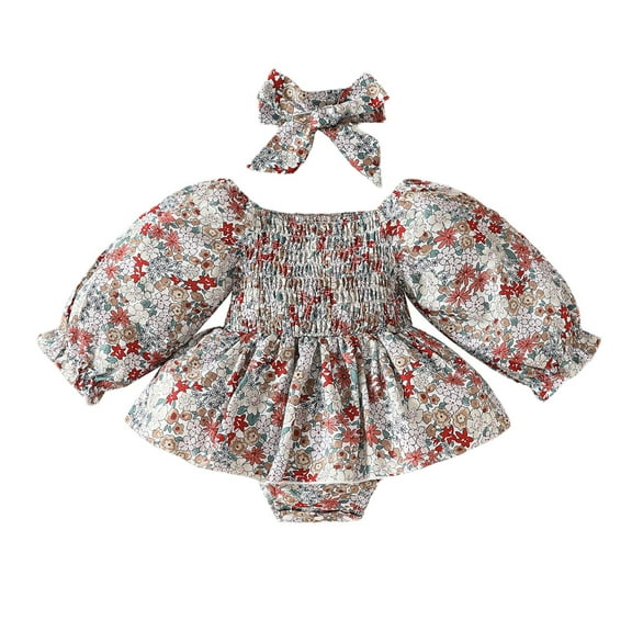 Otqutp Kids Casual Sundress Floral Dress Harness Crawlsuit Hairband 2024 Fall Long Sleeve Romper Dress 2 PC Set for 0-18 Months(Purple,0-3 Months)
