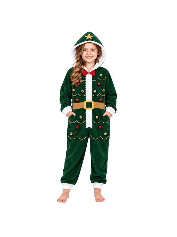 Kids Christmas Romper Girls Elf Fleece Onesie Long Sleeve Zipper Jumpsuit Winter Warm Playsuit for Xmas Party