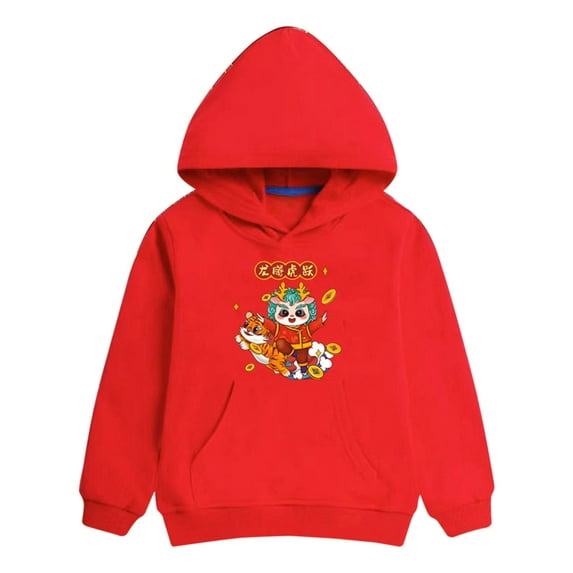 Otqutp Kids Comfy Sweatshirt Long Sleeve Children's Spring Festival Hoodie New Year Wear Red Foreign New Year Greetings Clothes Child Tops