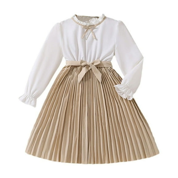 Otqutp Kids Daily Dress Autumn Winter Girls Wear Long Sleeve Color Matching Korean Version Princess Dress European and American Children's Dress(Brown,10 Years)