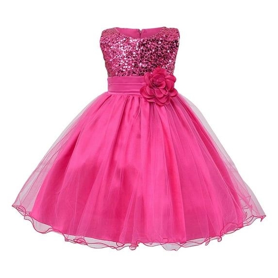 Otqutp Kids Daily Dress Toddler Girl Sequin Sleeveless Tulle Princess Dress Flower Belt for 3 To 10 Years Girls' Casual Dresses (Hot Pink,4-5 Years)