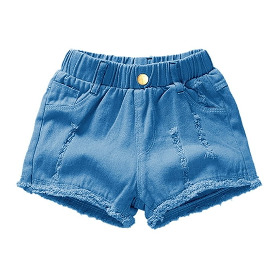 Otqutp Kids Denim Shorts With Pocket Girls Solid Color High Elastic Waist Ripped Jeans