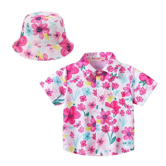 Otqutp Kids Fashion Clothes Summer New Girl Children Korean Version Of All Casual Short Sleeved Shirt + The Same Color Hat Children's Wear