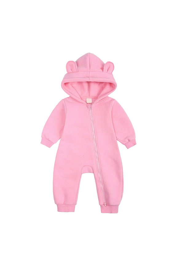 Baby Toddler Boys Girls Solid Color Cloud Zipper Hooded Long Ear Romper Jumpsuit Crawling Suit Baby Cute Hooded Jumpsuit(3-Pink,0-3 Months)