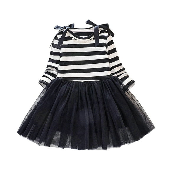 Otqutp Kids Fashion Long Sleeve Lace Dresses Toddler Baby Girls Striped Patchwork Tulle Dress Princess Dress Birthday Outfit Soft A-Line Dress (Black-a,6-12 Months)