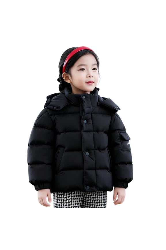 Kids Fuzzy Hooded down Jackets Snap Buttons Zipper Puffer Coats Boys Girls Winter Windproof Warm Outwear with Pockets