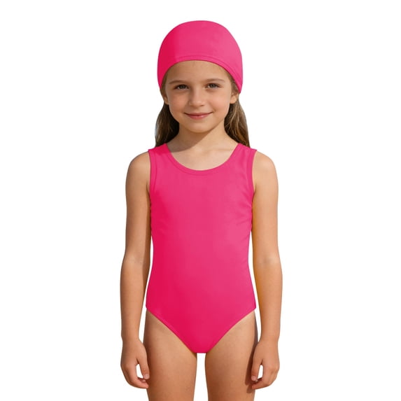 Otqutp Kids Girls 2 Piece Swimsuit Crew Neck Sleeveless Classic One Piece Swimwear and Solid Caps Summer Beach Training Bathing Suit