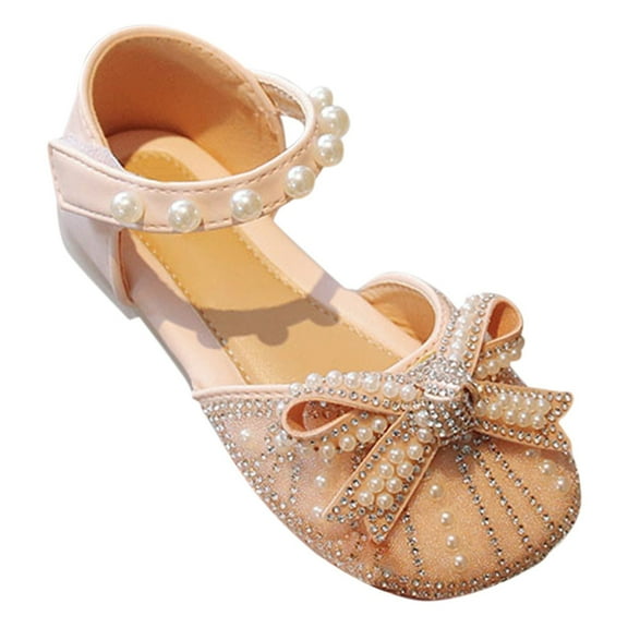 Otqutp Kids Girls Beaded Strap Sandals Low Heel Closed Toe Pearl Glitter Shoes Toddler Baby Ankle Wedding Formal Shoes