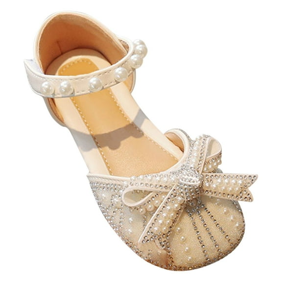 Otqutp Kids Girls Beaded Strap Sandals Low Heel Closed Toe Pearl Glitter Shoes Toddler Baby Ankle Wedding Formal Shoes