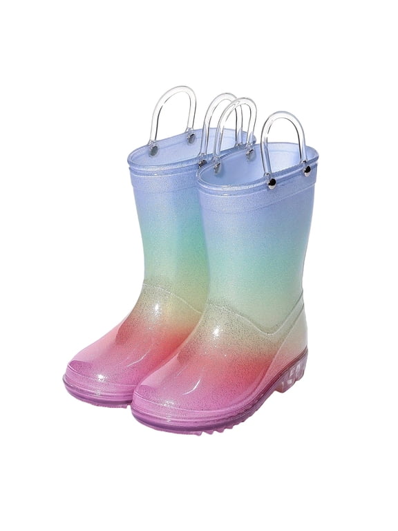 Kids Girls Boys Rain Boots Glitter Gradient Waterproof Rubber Boots Non-Slip Sole Outdoor Flat Mid Calf Shoes