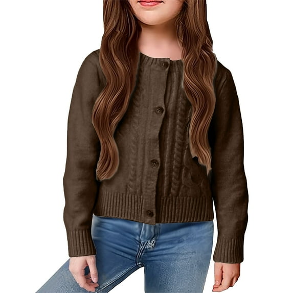 Otqutp Kids Girls Button Down Cardigan Sweater Long Sleeve Chunky Knit Outerwear Crewneck Fuzzy Soft Cute Fall Winter Clothes
