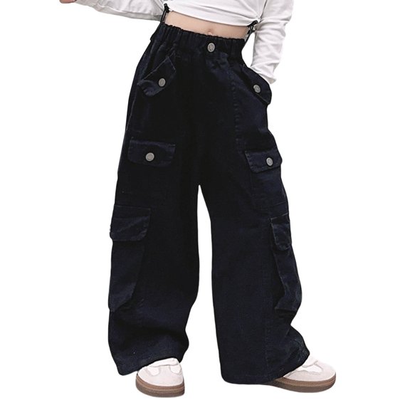 Otqutp Kids Girls Cargo Pants Wide Leg Streetwear Kids Spring Summer and Autumn Pants With Pockets Trendy Jogger Elastic Waist Trousers(2-Black,6-7 Years)
