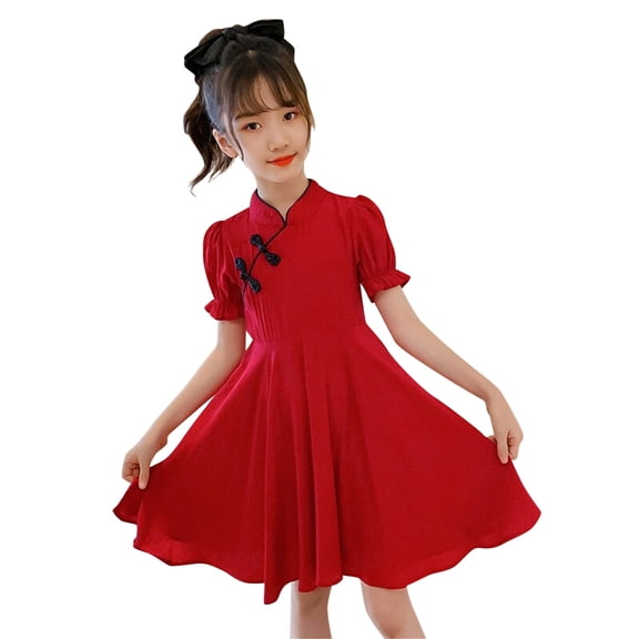 Otqutp Kids Girls Chinese Dress Short Puff Sleeves Stand Collar Traditional China Dress Toddler Elegant A Line Ruffle Clothes
