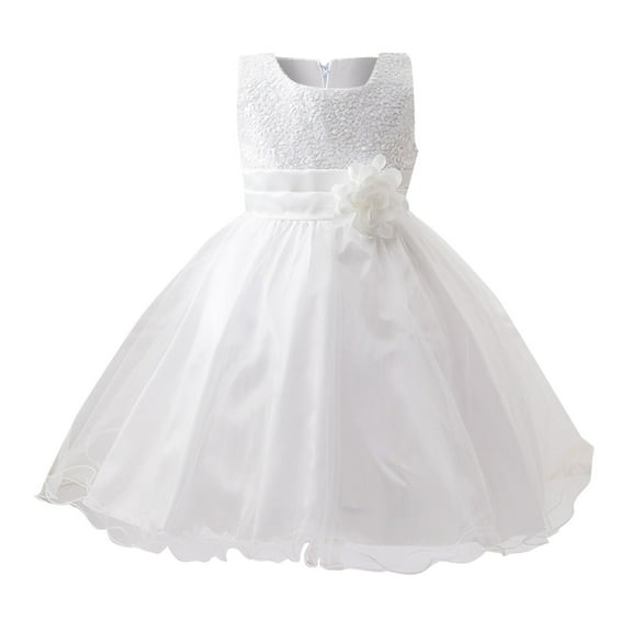 Otqutp Kids Girls' Dress Spring/Summer Solid Color Sleeveless Sequins Flower Mesh Dress Christmas Elegant Party Birthday School for 3-10 Years(White,6-7 Years)