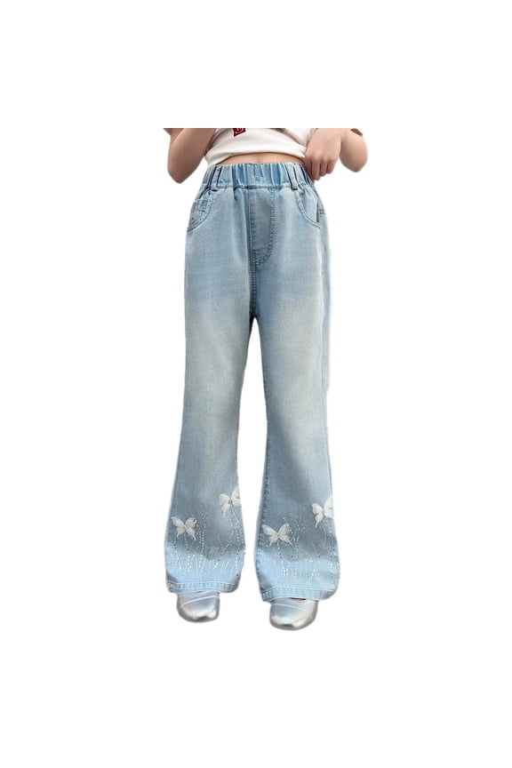Kids Girls Flare Jeans Butterfly Embroidery Hem High Waist Stretch Denim Trousers Teens Vintage Fashion Y2K Bottoms