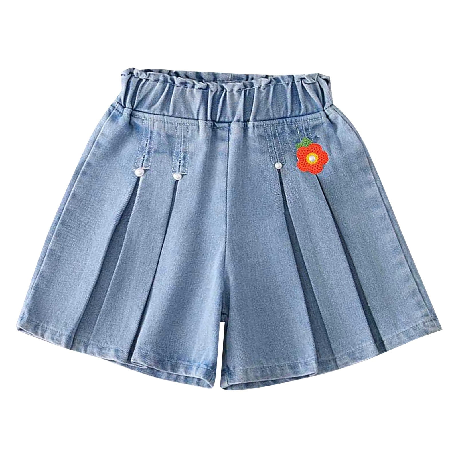 Otqutp Kids Girls Flower Decoration Ruffle Hem Denim Pleated Flared ...