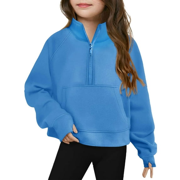 Otqutp Kids Girls Long Sleeve Pullover Tops Lightweight Winter Half Zip Sweatshirt Workout Shirts Stand Neck Cropped Tops Half Zip Crop Tops(Blue,9-10 Years)