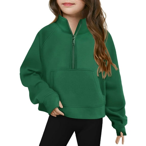 Otqutp Kids Girls Long Sleeve Pullover Tops Lightweight Winter Half Zip Sweatshirt Workout Shirts Stand Neck Cropped Tops Half Zip Crop Tops(Green,18-24 Months)