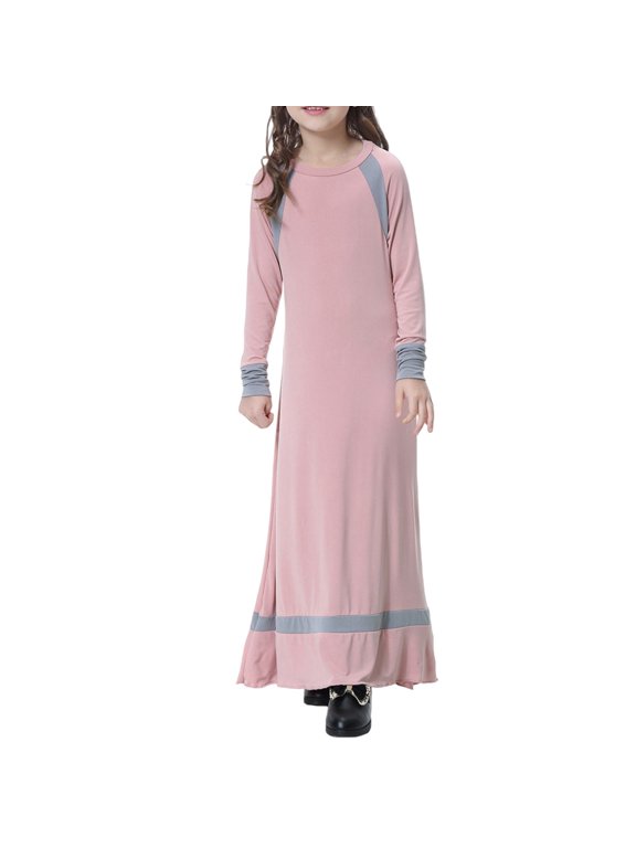 Kids Girls Muslim 𝗜slamic Dress Long Sleeves Soft Full Length Robe Burka Arab Prayer Loose Maxi Abaya Kaftan Dress