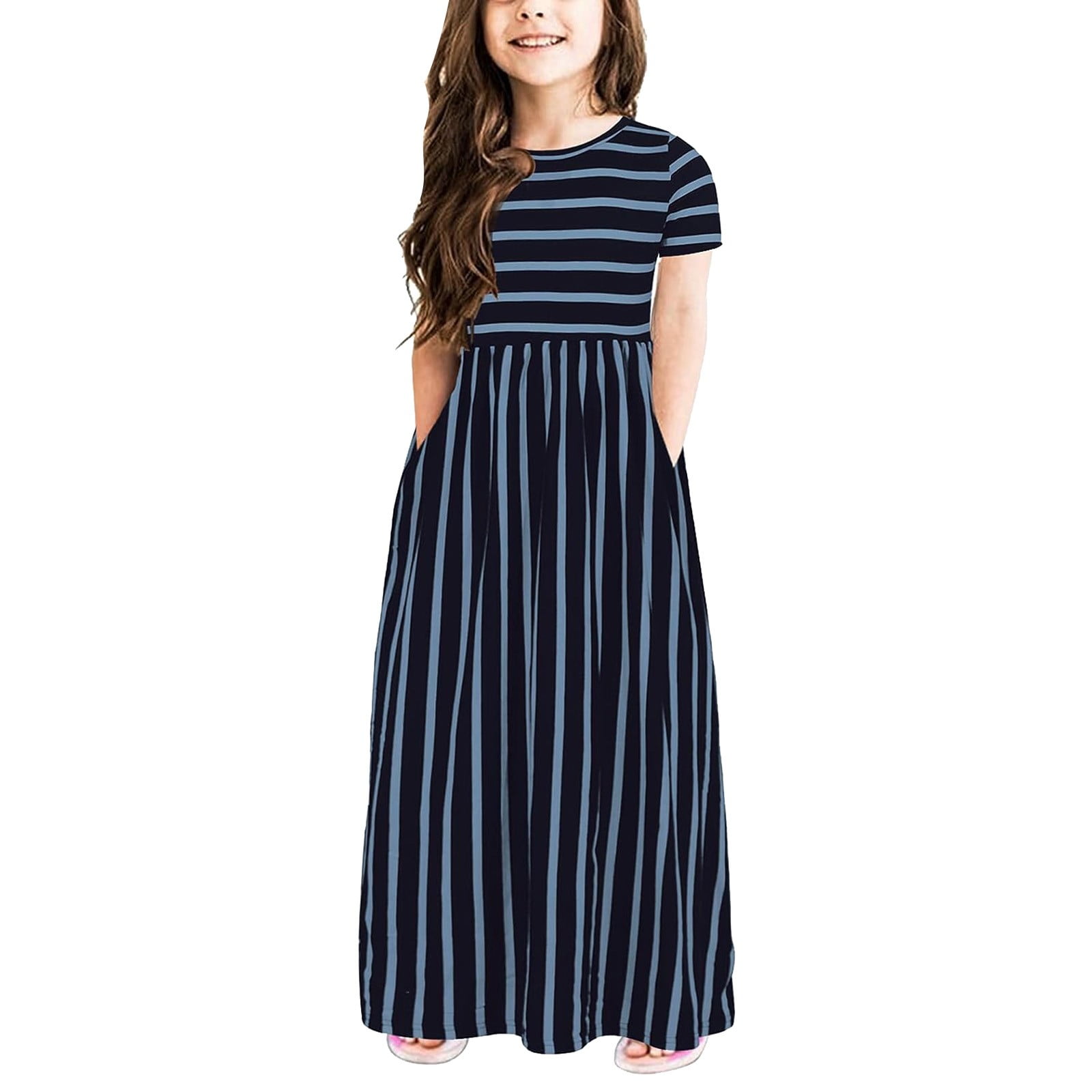 Otqutp Kids Girls Short Sleeve Stripe Dress Children Summer Casual Loose  Dresses Cute Holiday Long Maxi Dress with Pockets 2-12 Years Old(Navy-b,9-10  Years)