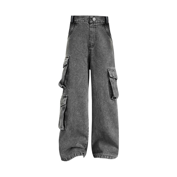 Otqutp Kids Jeans 4 14 Years Girls Jeans Denim Elastic Waist Wide Leg Baggy Pants with Pocket Side Denim Cargo Pants Kids Summer Fall Clothes(A-1,8-9 Years)