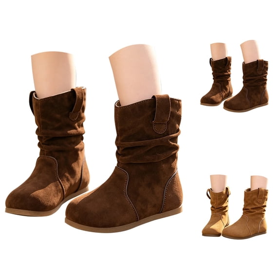 Otqutp Kids Mid Calf Boots for Girls aux Suede Ruched Tall Boots with Pull Tabs Soft Flat Non Slip Rubber Sole Boots Autumn Winter Outdoor Wear