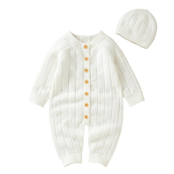 Otqutp Kids Outdoor Overall Boys Girls Solid Long Sleeve Knitted Sweater Baby Jumpsuit Romper Cotton Caps Outfits Sets Clothes(White-1,12-18 Months