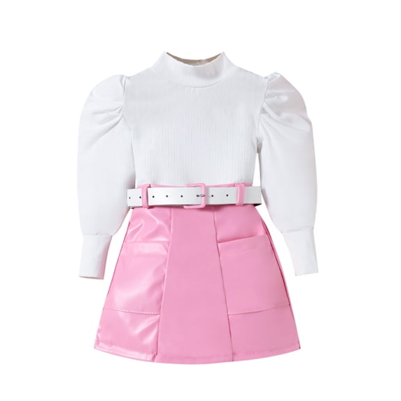Otqutp Kids Party Outfits Set European and American Children's Clothing Small and Middle School Girls Fashion Suit Puffy Sleeve Top pu Leather Skirt Belt Three Set