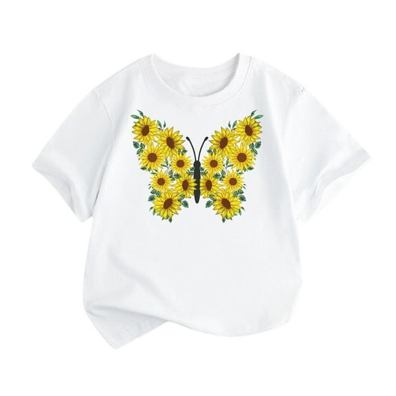 Otqutp Kids Patchwork Blouse Little Children and Big Kids Sunflower Butterfly Cartoon Print Boys and Girls Tops Short Sleeved T Shirts