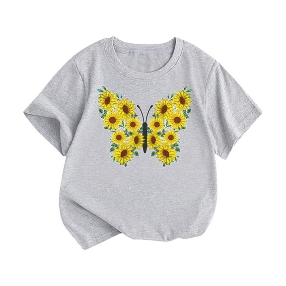 Otqutp Kids Patchwork Blouse Little Children and Big Kids Sunflower Butterfly Cartoon Print Boys and Girls Tops Short Sleeved T Shirts