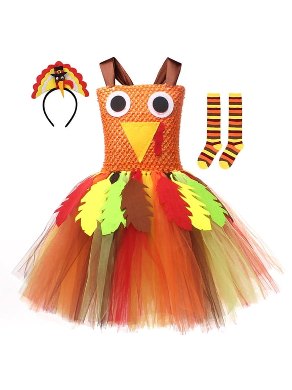 Kids Patchwork Sundress Girls Thanksgiving Turkey Puffy Dress Sleeveless Mesh Dress Gown Dresses for 2-12 Years(Orange,8-9 Years)