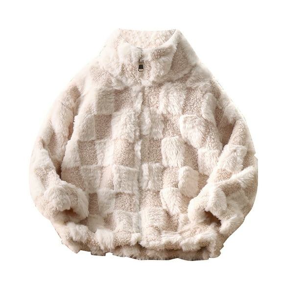 Otqutp Kids Plaid Sherpa Fleece Full-Zip Sweatshirt Girls Boys Stand Collar Fuzzy Cozy Jacket Soft Warm Fall Winter Coat