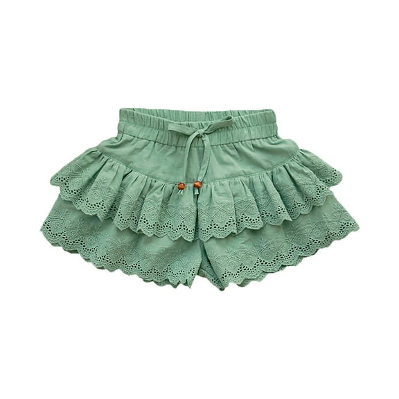 Otqutp Kids Running Shorts Toddler Girls Summer Double Ruffle Pleated Shorts Skirt Solid Color Hollow Lace Beach Shorts for 1 to 7 Years