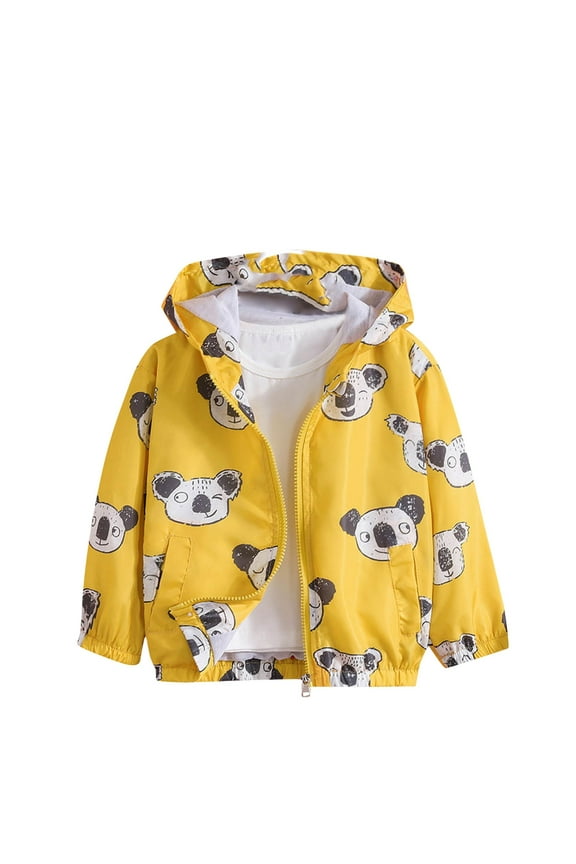 Kids Snow Wear Toddler Kids Baby Outwear Coat Cartoon Koala Print Jacket Zipper Hooded Windproof Long Sleeve Coats for Girls Boys(Yellow,5-6 Years)