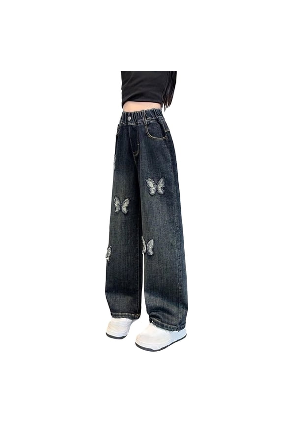 Kids Straight Leg Denim Pants Butterfly Embroidered Wide Leg Jeans Stylish High Waist Loose Pants Y2K Streetwear
