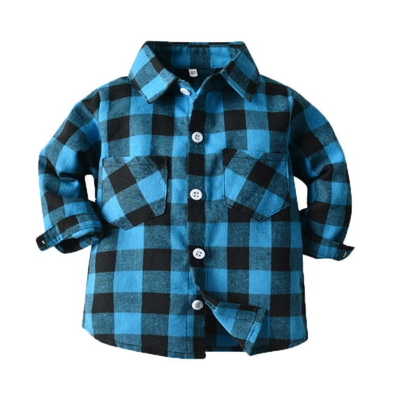 Otqutp Kids Toddler Flannel Shirt Baby Boys Girls Plaid Long Sleeve Lapel Jacket Button Down Coat Outwear with Pockets for 1-6 Years(Light Blue-1,12-18 Months)