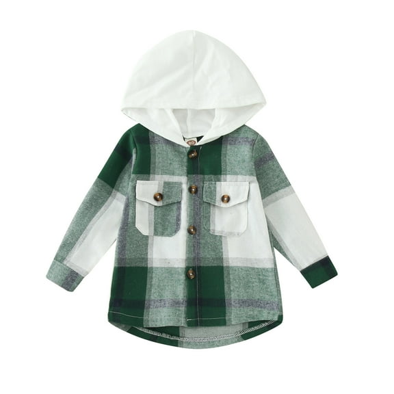 Otqutp Kids Warm Coat Toddler Boys Girls Shirt Coat Jacket Plaid Long Sleeve Kids Tops Hooded Outwear with Pockets for Party Birthday School(Green,3-4 Years)